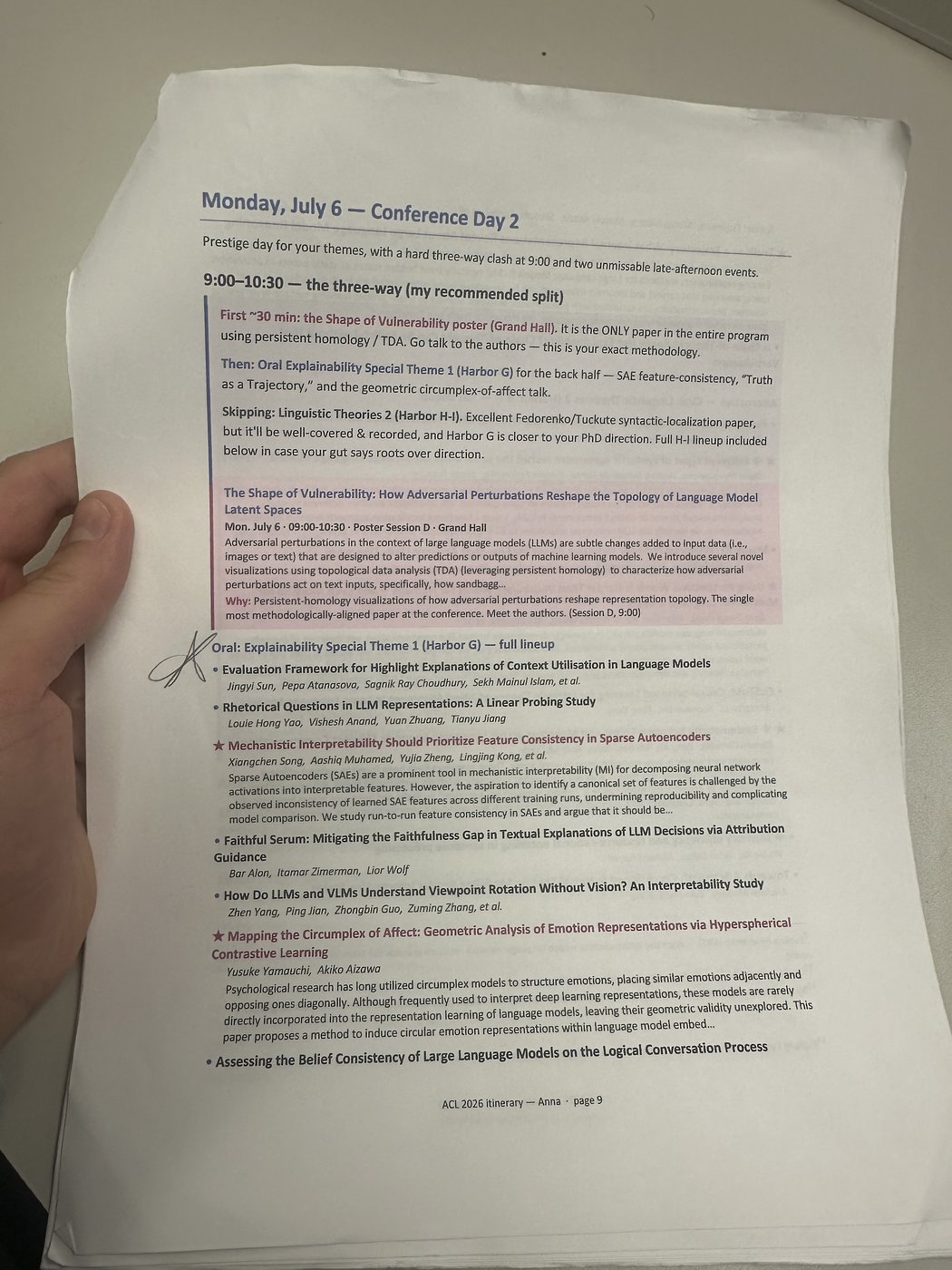 Anna's printed ACL 2026 schedule for Monday, marked up with highlighter and handwritten notes.