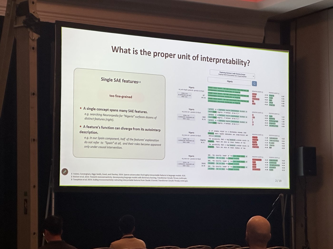 A conference slide titled 'What is the proper unit of interpretability?' projected in the interpretability orals session.