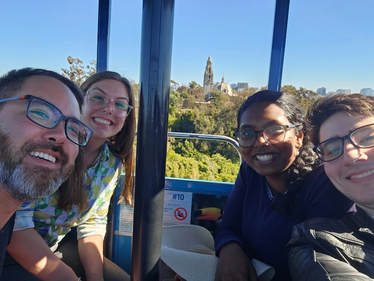 Four friends squeezed into a Skyfari aerial gondola at the San Diego Zoo, the California Tower in the distance.