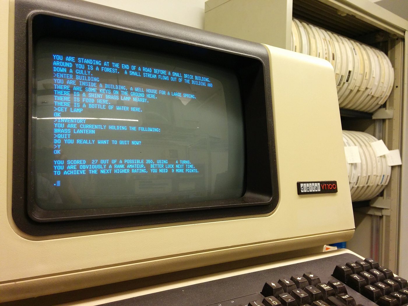 Colossal Cave Adventure running on a PDP-11/34, shown on a VT100 terminal. Photo: Autopilot, CC BY-SA 3.0.