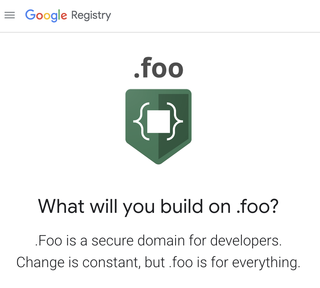 Preferred .foo screenshot: Google Registry logo, .foo emblem, and introduction.