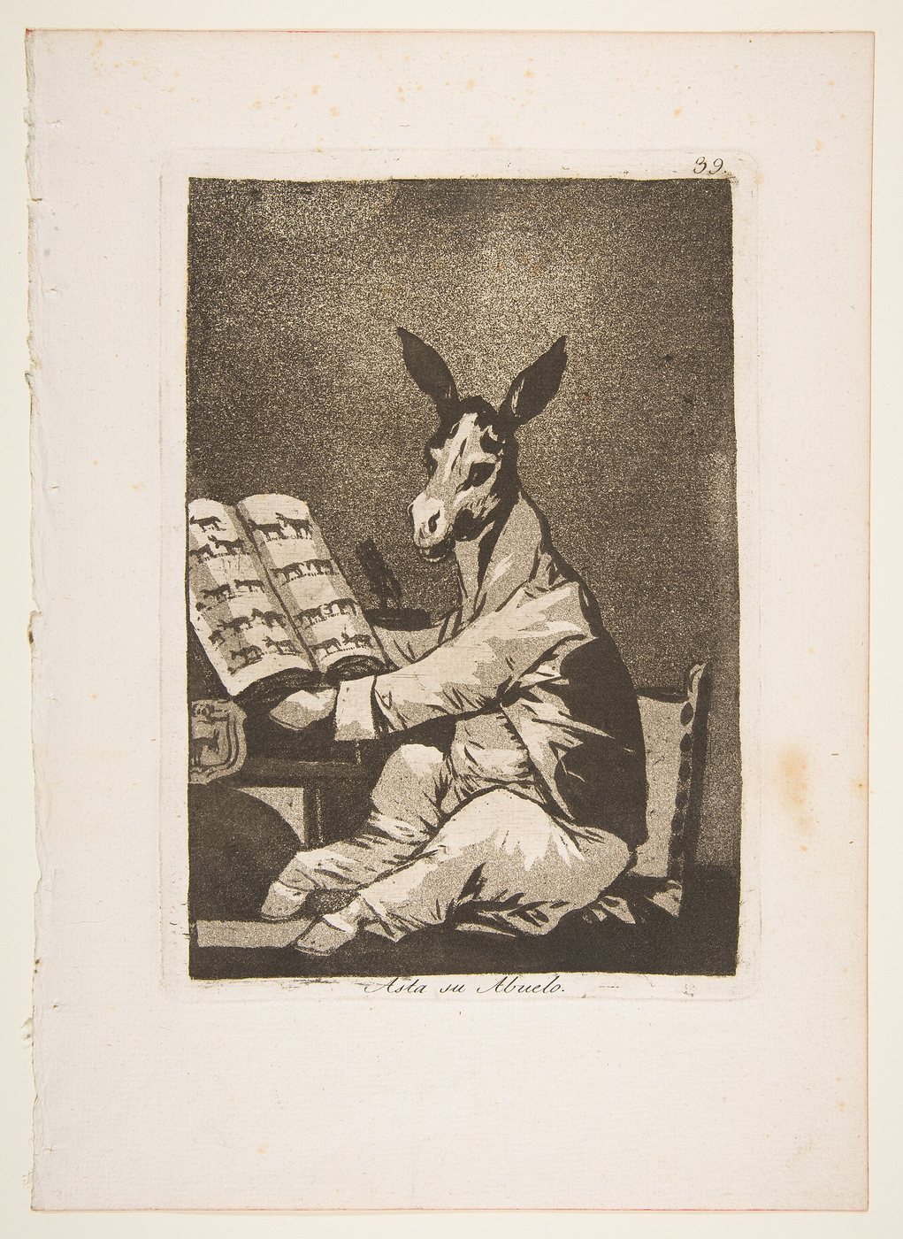 Fufurufo, ca. 1799: Goya, Los Caprichos plate 39, 'Asta su abuelo' (And so was his grandfather), a donkey admiring its pedigree. Metropolitan Museum of Art, CC0, via Wikimedia Commons.