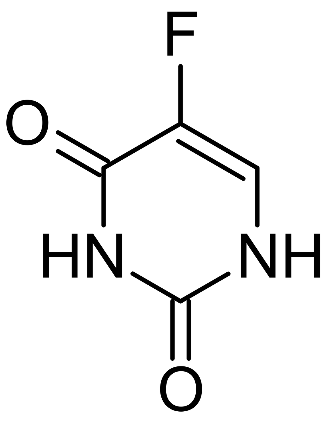 Skeletal formula of 5-fluorouracil (5-FU). Wikimedia Commons, public domain (rendered from Fluorouracil2DACS.svg).