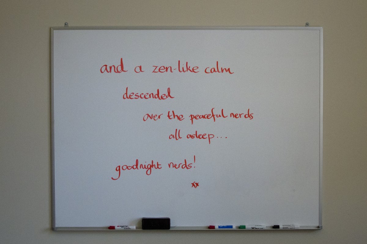 A whiteboard at Foo Camp 2011, handwritten in red: and a zen-like calm descended over the peaceful nerds all asleep... goodnight nerds! Photo by Matt Biddulph, CC BY-SA 2.0, via Wikimedia Commons.