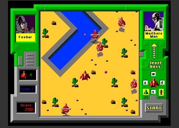 A screenshot of Foobar versus the DEA: a top-down shooter over desert and a blue river, with Foobar’s portrait on the left and a boss portrait on the right.