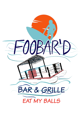 The Foobar’d Bar & Grille logo: a surfer on a sunset, a tiki hut, and the tagline Eat my balls.