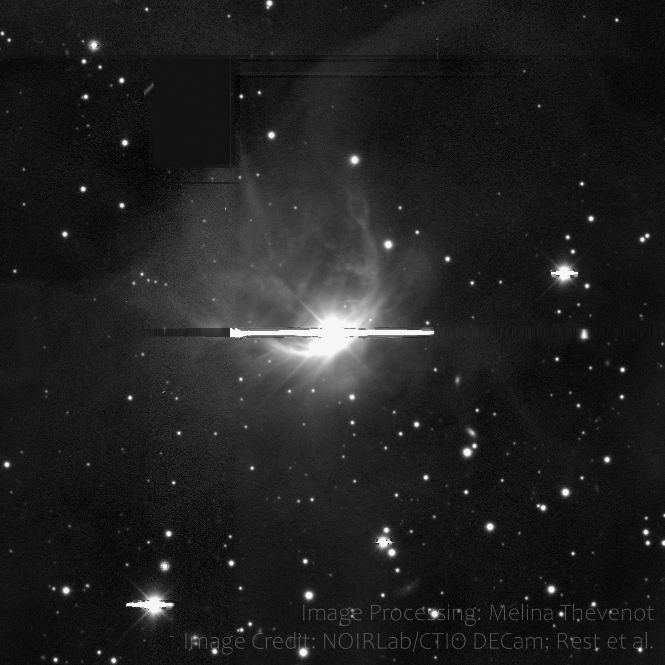 FU Orionis and its arc-shaped reflection nebula, imaged with DECam (CTIO) in 2017. Credit: NOIRLab/CTIO DECam; Rest et al., via Wikimedia Commons, CC BY-SA 4.0.