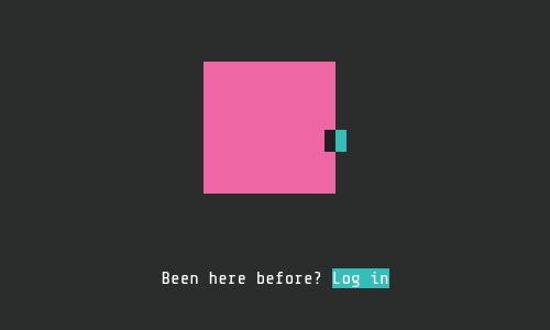The foo.bar site in 2019: a pink square with a blinking teal cursor on a dark grey screen, and the words Been here before? Log in.