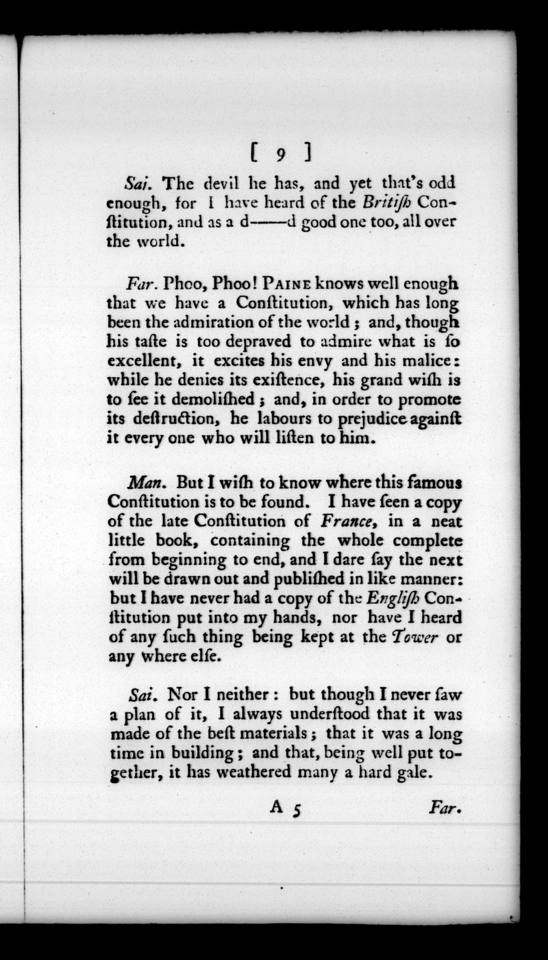 'Phoo, Phoo! Paine knows well enough...': page 9 of John Bowles, 'Dialogues on the Rights of Britons' (2nd ed., London, 1792). Internet Archive scan, public domain.