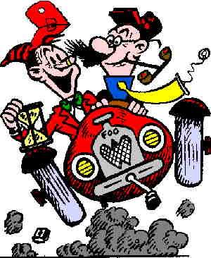 Smokey Stover, the firefighter in a red helmet, and a pipe-smoking companion racing along in the Foomobile, a tiny red car with FOO on its grille.