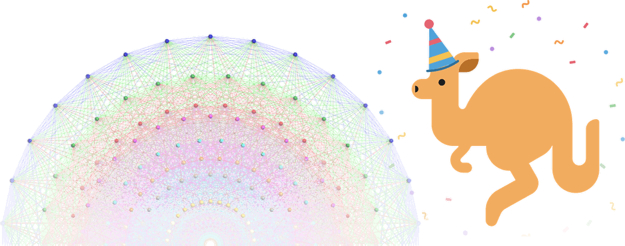 The top half of the NeurReps logo, a colorful projection of the E8 polytope, with a cartoon kangaroo in a party hat hopping beside it amid confetti.