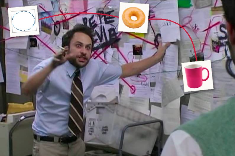 Charlie Day in It's Always Sunny in Philadelphia, wild-eyed in a shirt and tie, gesturing at a conspiracy wall of documents and red string. Pinned to the wall and joined by a length of red string are three photos: a scatter of points arranged in a ring, a glazed doughnut, and a pink coffee mug.