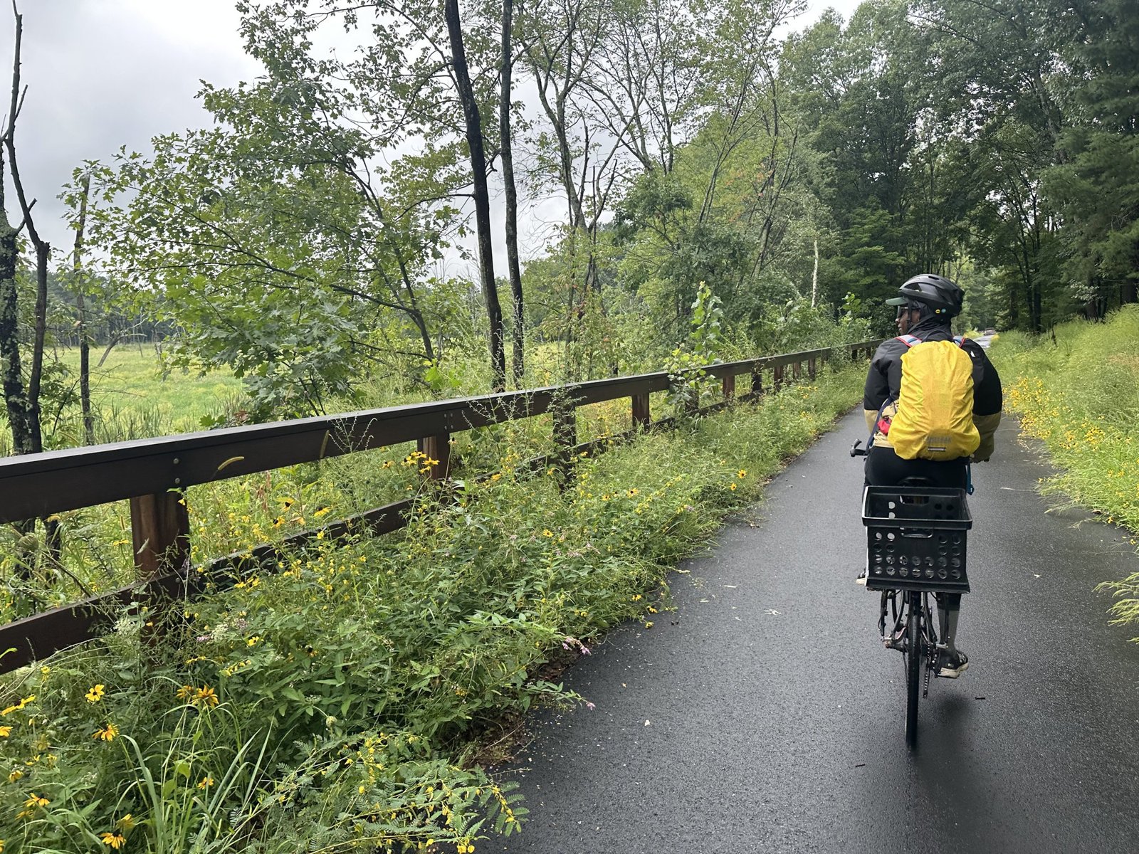 A cyclist with a yellow pack cover rides along a paved trail beside a wooden fence, tall grass and wildflowers to the left.