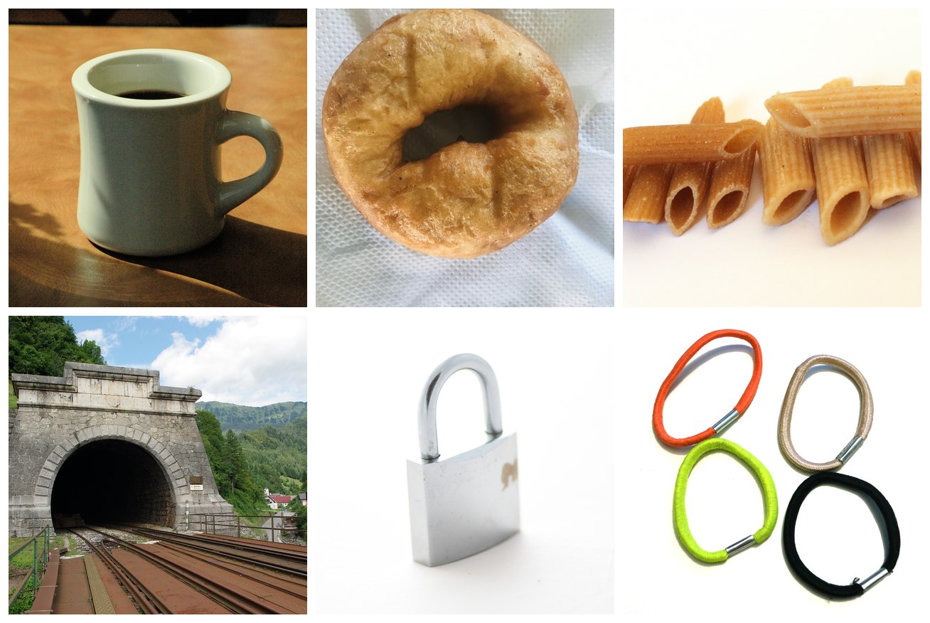 A grid of six photographs: a coffee mug with a handle, a ring doughnut, whole-wheat penne showing its tube openings, the stone portal of a railway tunnel, a closed padlock, and four hair elastics.